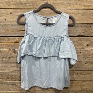 Laura Conrad Women's Top‎ Chambray Cold Shoulder Ruffle Short Sleeve Blue Size M